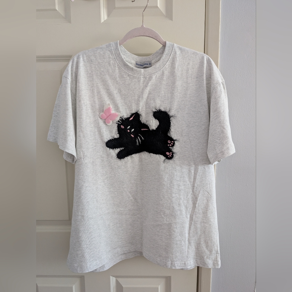 Aelfric Eden Light Gray Cat Embroidered Oversized T-Shirt 100% Cotton